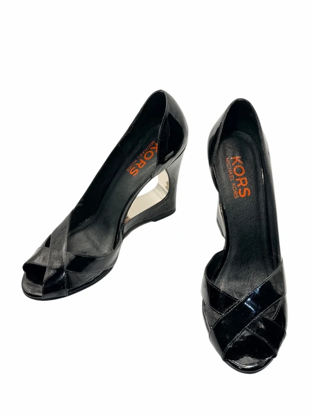 Michael Kors Women’s 9M Black Patent Leather Peep Toe Cutout Wedge Heels